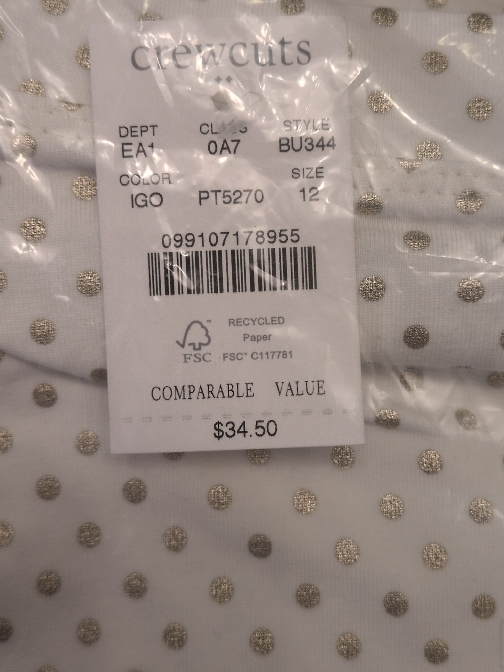 Crewcuts Girl's Leggings White Gold Polka Dot Size 12 NWT - Picture 4 of 4